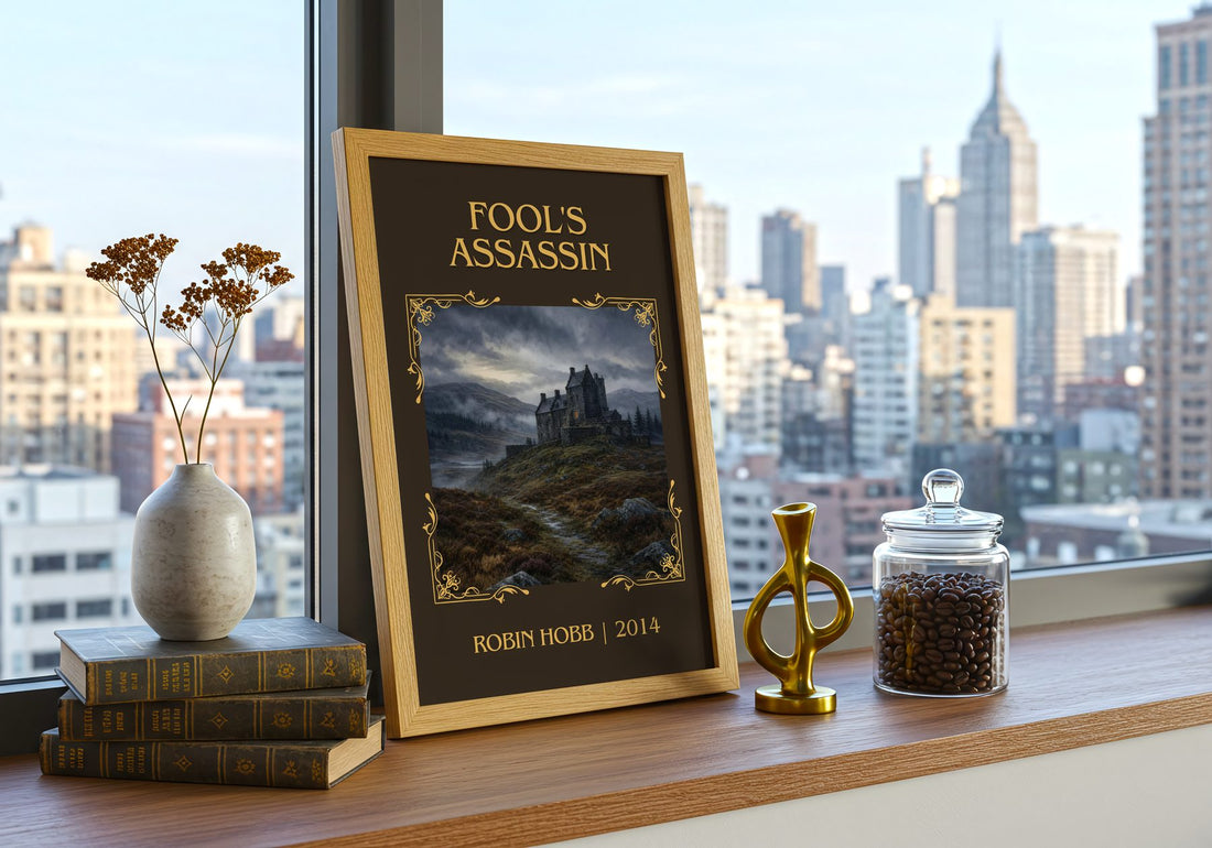 Fool's Assassin Classic Book Art Print by Robin Hobb – framed print on a city-view windowsill
