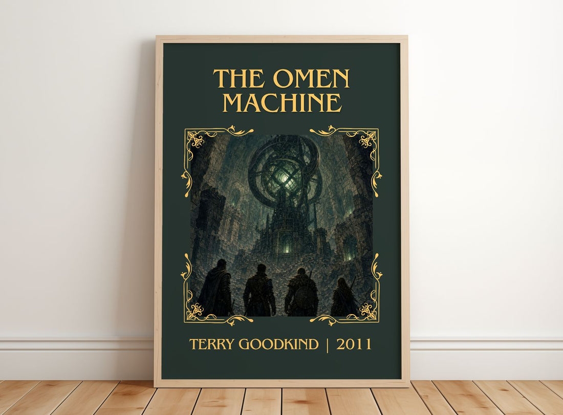 The Omen Machine Classic Book Art Print by Terry Goodkind – framed print leaning on a wooden floor
