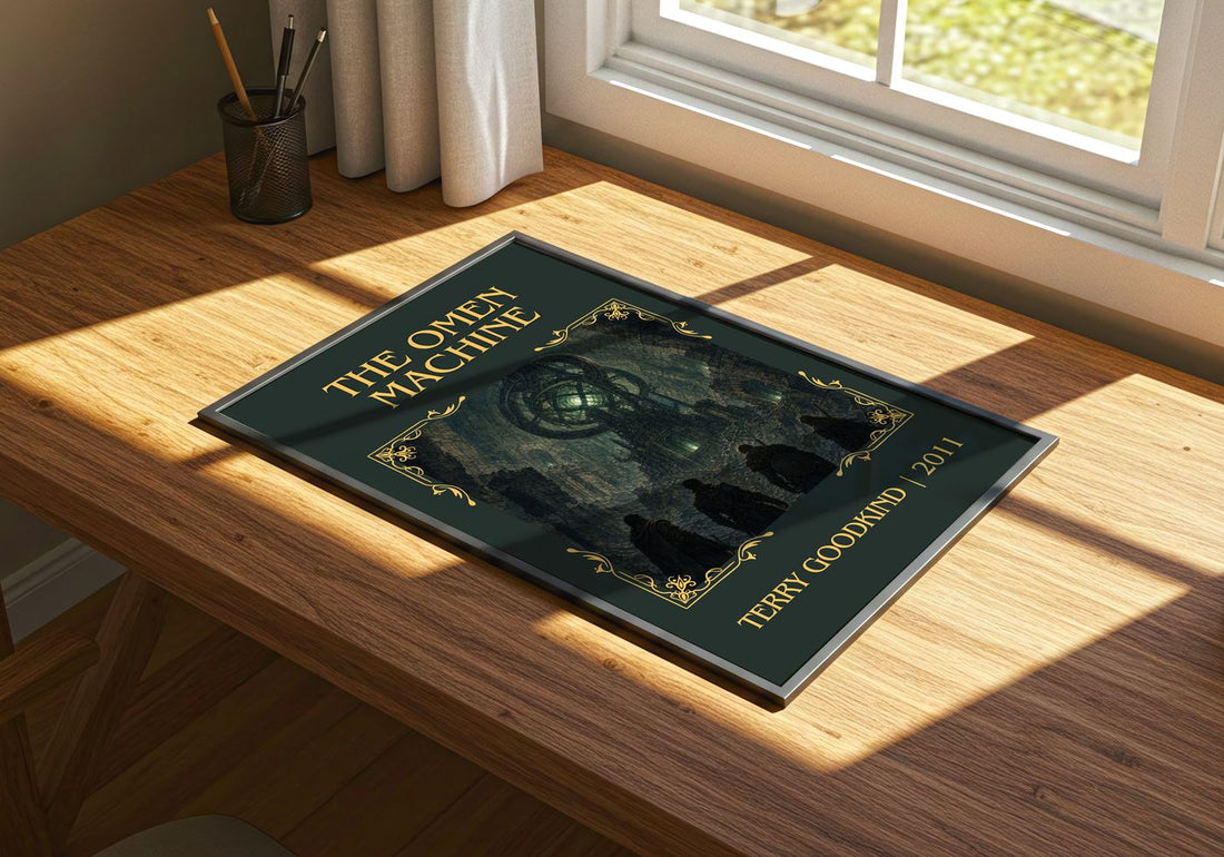 The Omen Machine Classic Book Art Print by Terry Goodkind – print on a sunlit desk