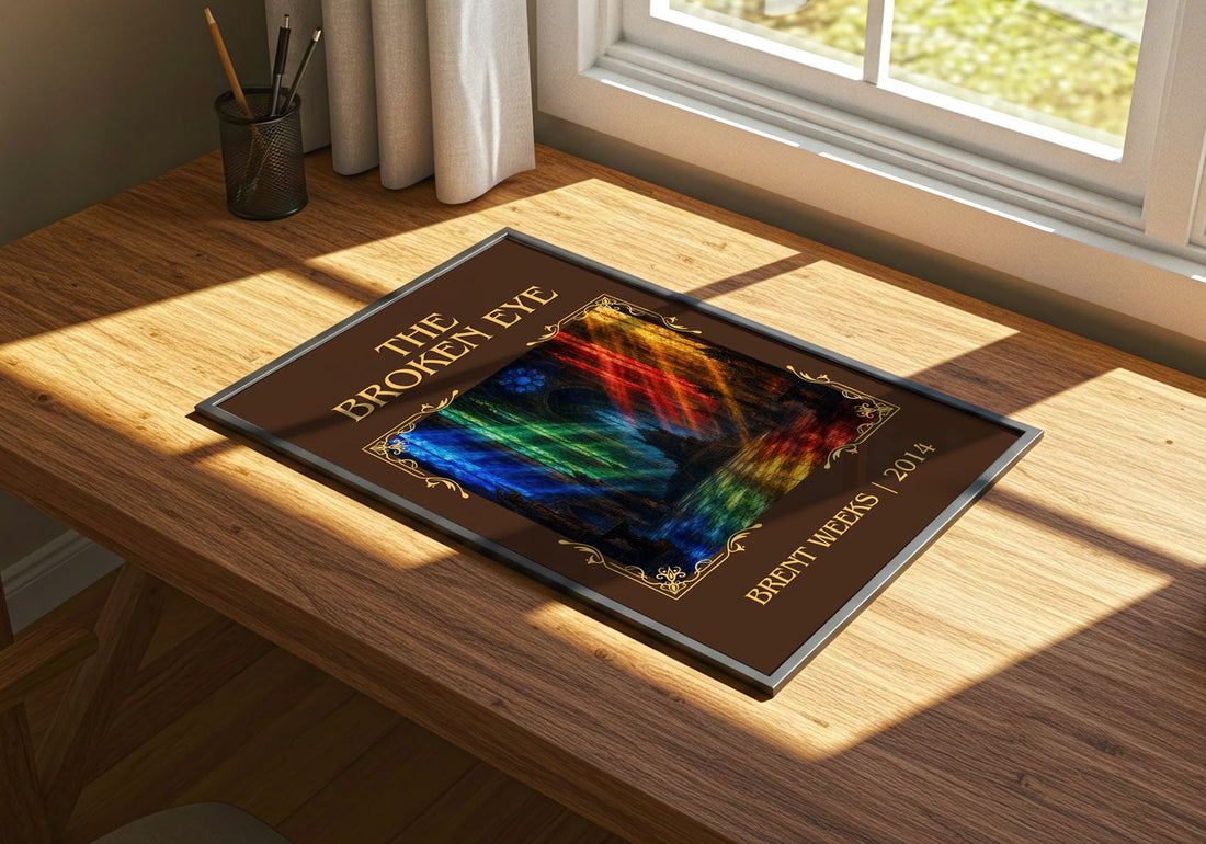 The Broken Eye Classic Book Art Print by Brent Weeks – print on a sunlit desk