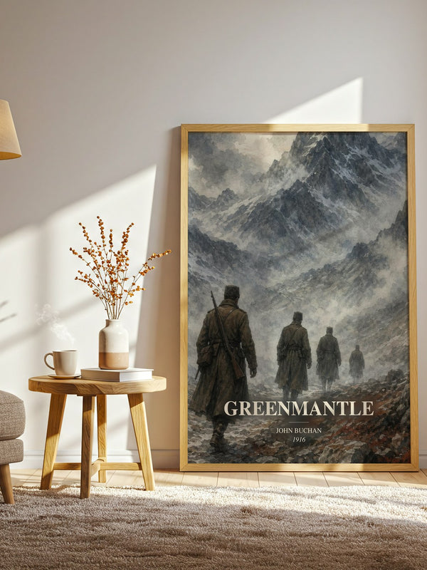 Greenmantle watercolour print in frame leaning in hallway – thriller wall art