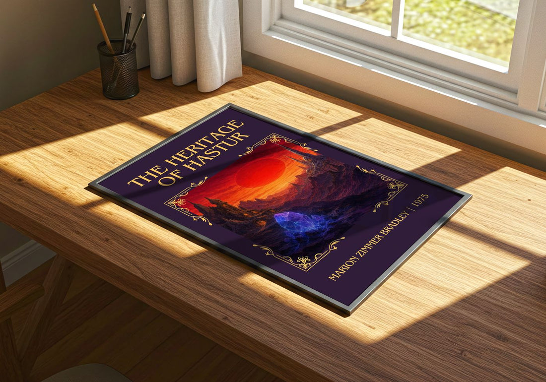 The Heritage of Hastur Classic Book Art Print by Marion Zimmer Bradley – print on a sunlit desk