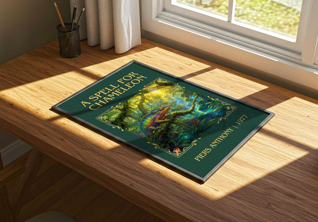 A Spell for Chameleon Classic Book Art Print by Piers Anthony – print on a sunlit desk
