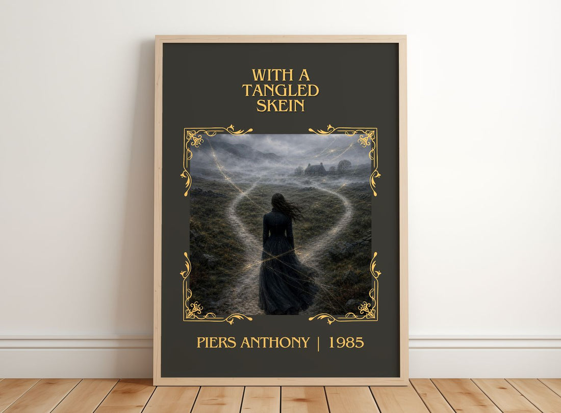 With a Tangled Skein Classic Book Art Print by Piers Anthony – framed print leaning on a wooden floor