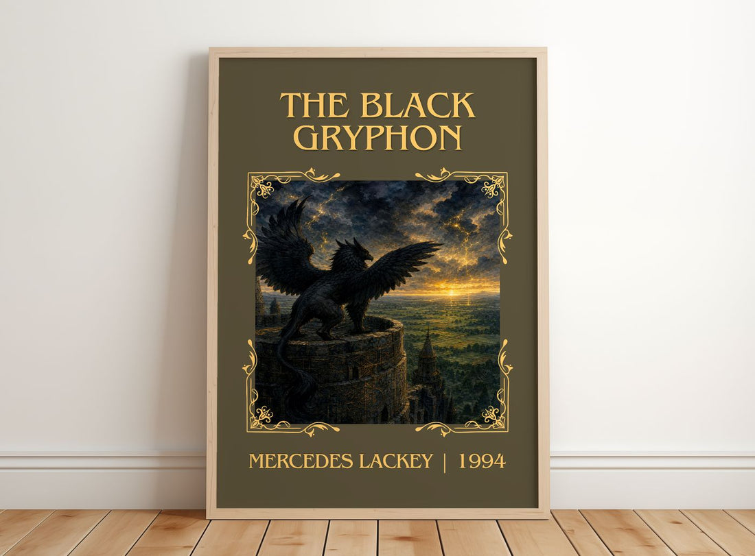 The Black Gryphon Classic Book Art Print by Mercedes Lackey – framed print leaning on a wooden floor