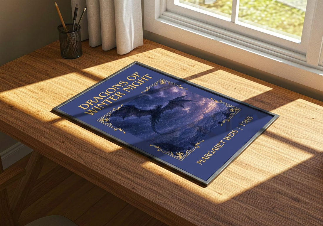 Dragons of Winter Night Classic Book Art Print by Margaret Weis – print on a sunlit desk