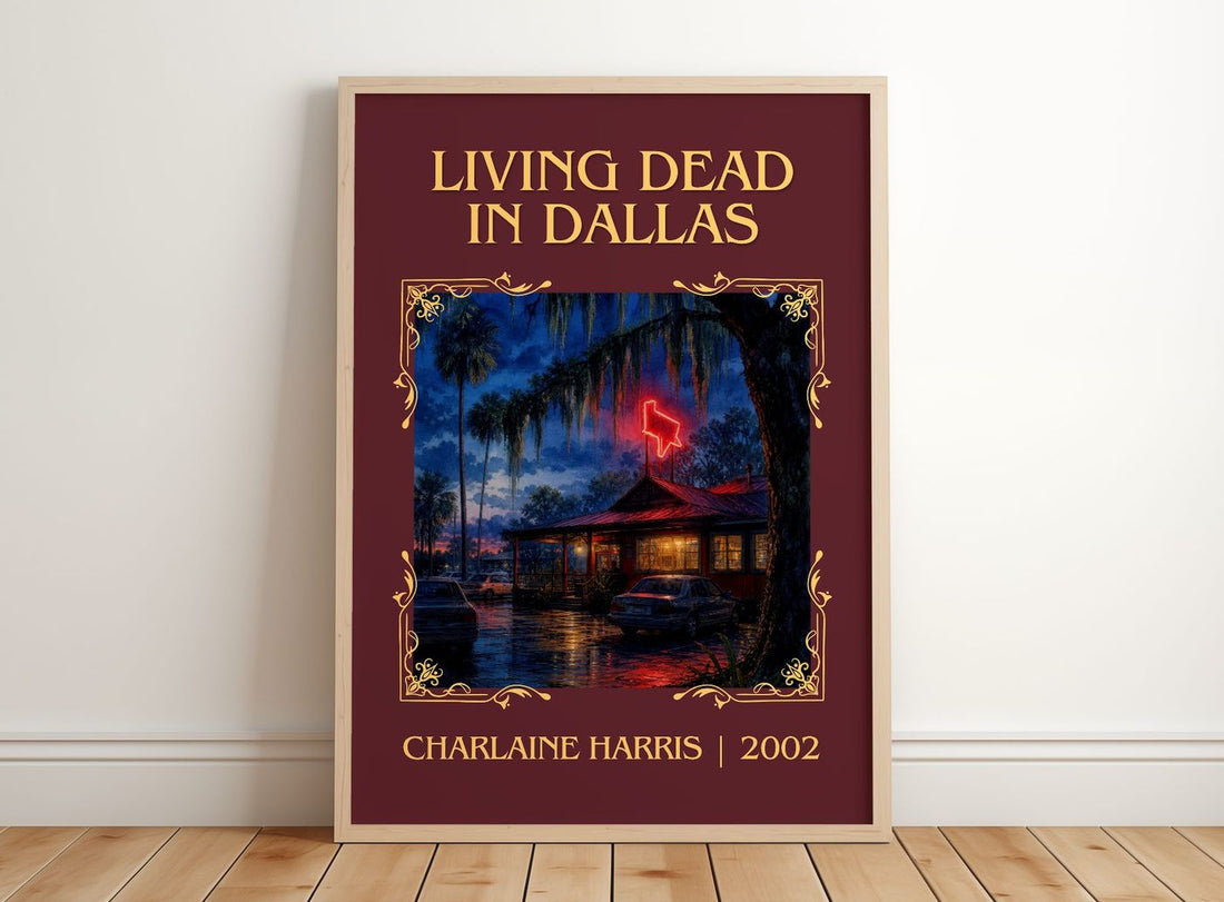 Living Dead in Dallas Classic Book Art Print by Charlaine Harris – framed print leaning on a wooden floor