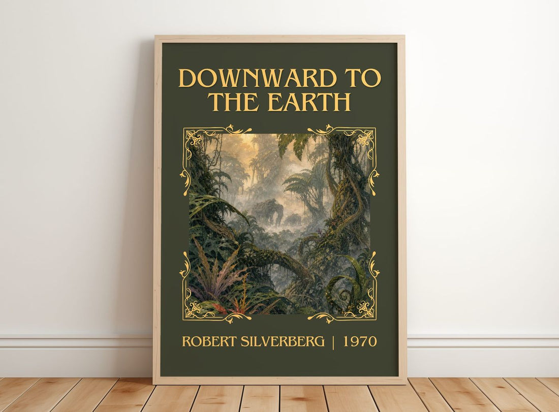 Downward to the Earth Classic Book Art Print by Robert Silverberg – framed print leaning on a wooden floor