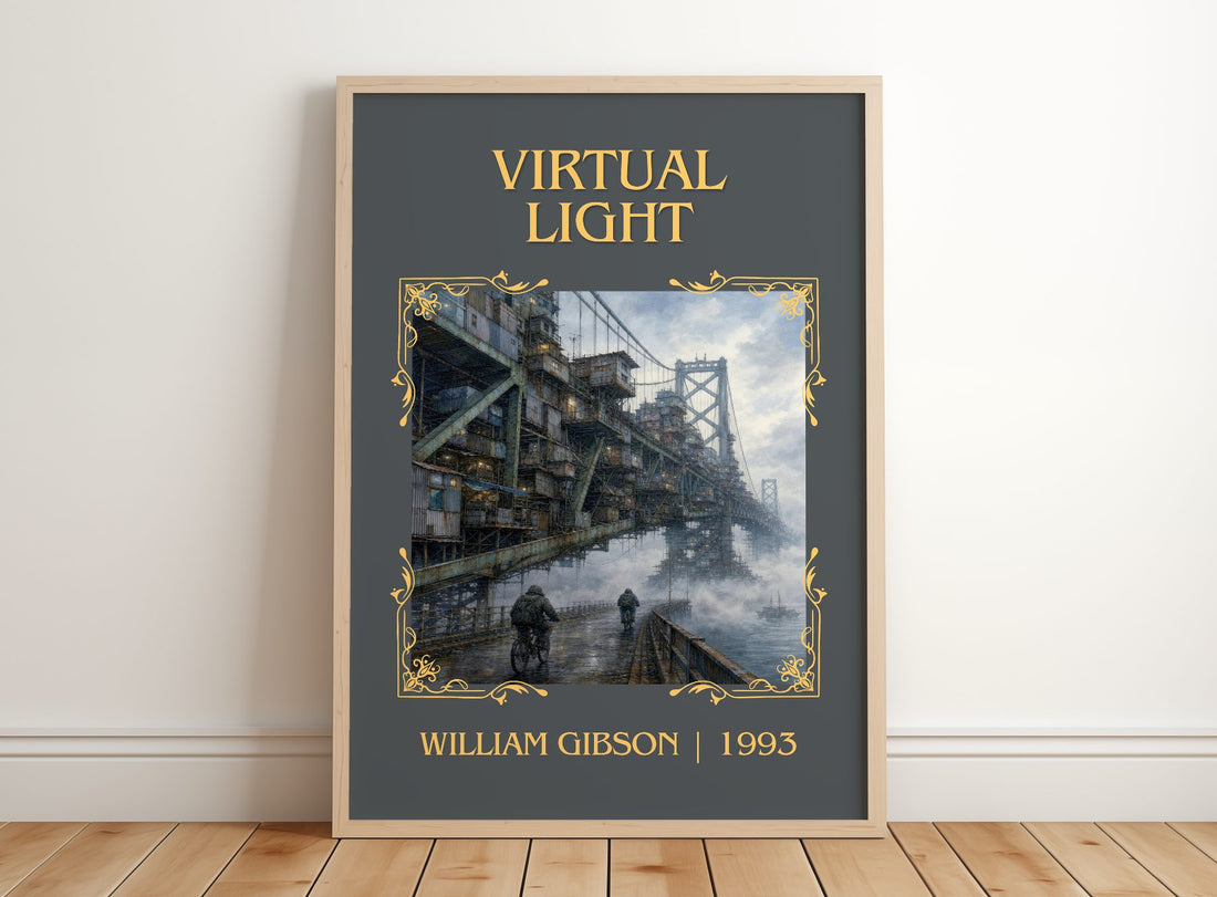 Virtual Light Classic Book Art Print by William Gibson – framed print leaning on a wooden floor