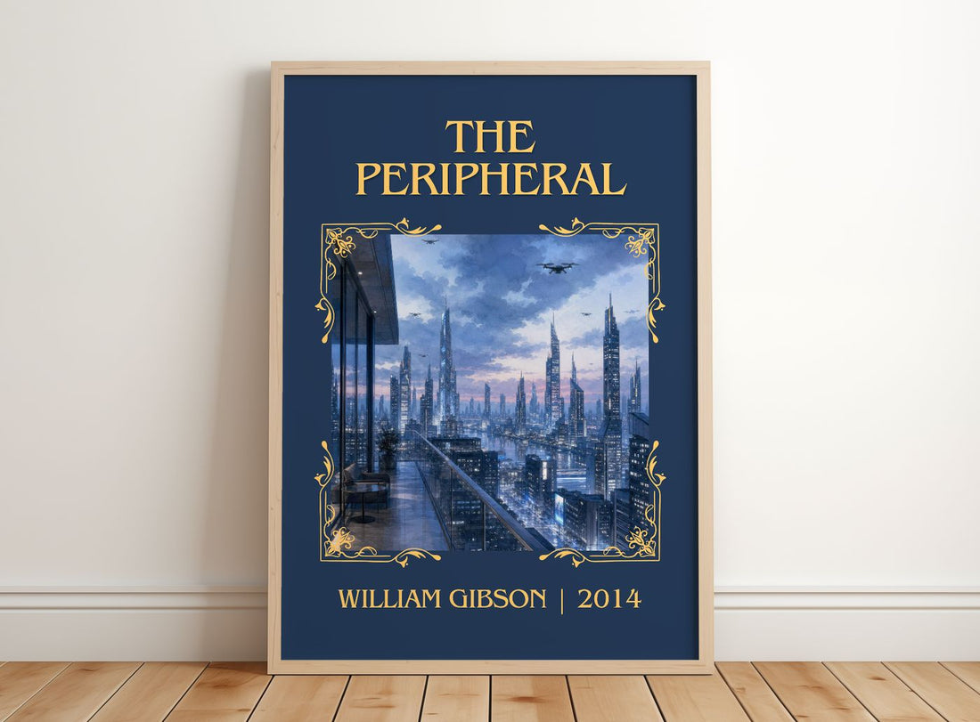 The Peripheral Classic Book Art Print by William Gibson – framed print leaning on a wooden floor