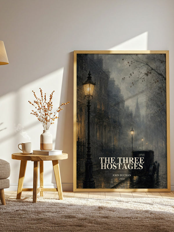 The Three Hostages watercolour print in frame leaning in hallway – thriller wall art