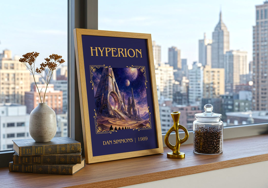 Hyperion Classic Book Art Print by Dan Simmons – framed print on a city-view windowsill