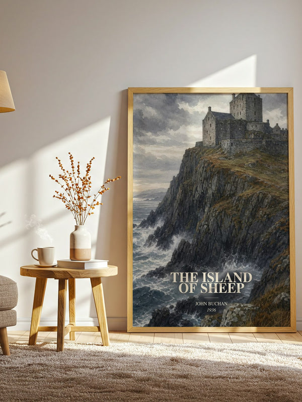 The Island Of Sheep watercolour print in frame leaning in hallway – adventure wall art