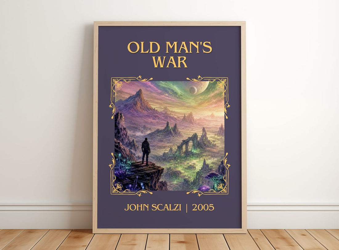 Old Man's War Classic Book Art Print by John Scalzi – framed print leaning on a wooden floor