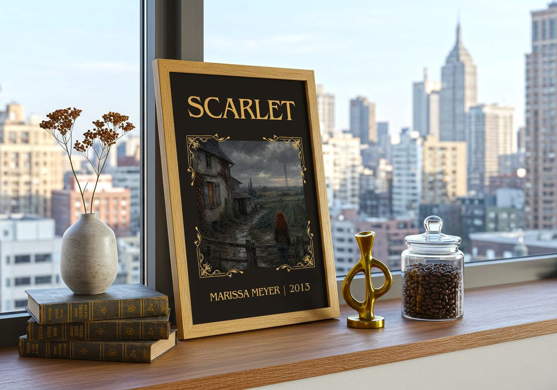 Scarlet Classic Book Art Print by Marissa Meyer – framed print on a city-view windowsill