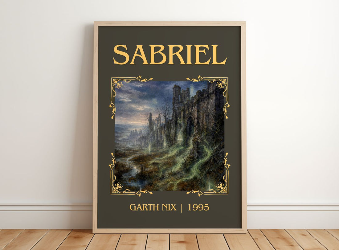Sabriel Classic Book Art Print by Garth Nix – framed print leaning on a wooden floor