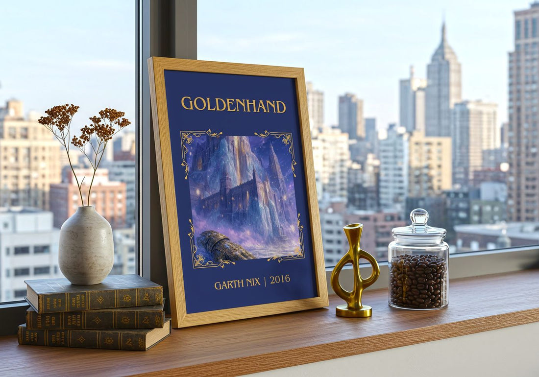 Goldenhand Classic Book Art Print by Garth Nix – framed print on a city-view windowsill