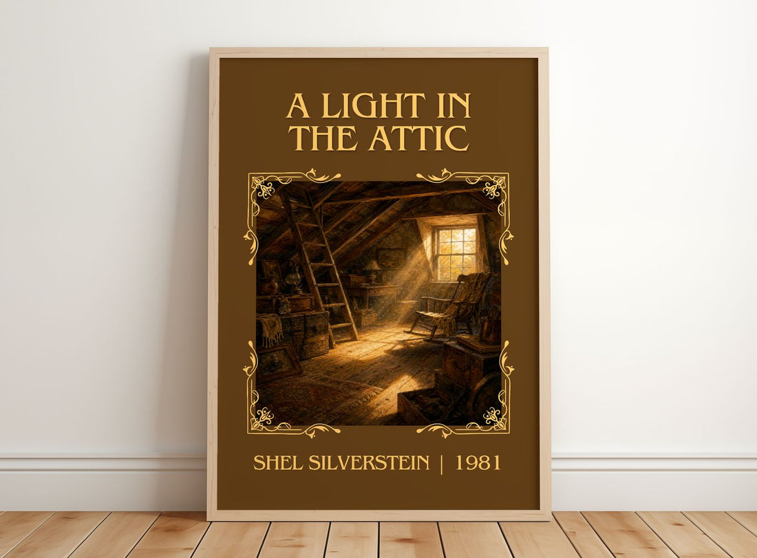 A Light in the Attic Classic Book Art Print by Shel Silverstein – framed print leaning on a wooden floor