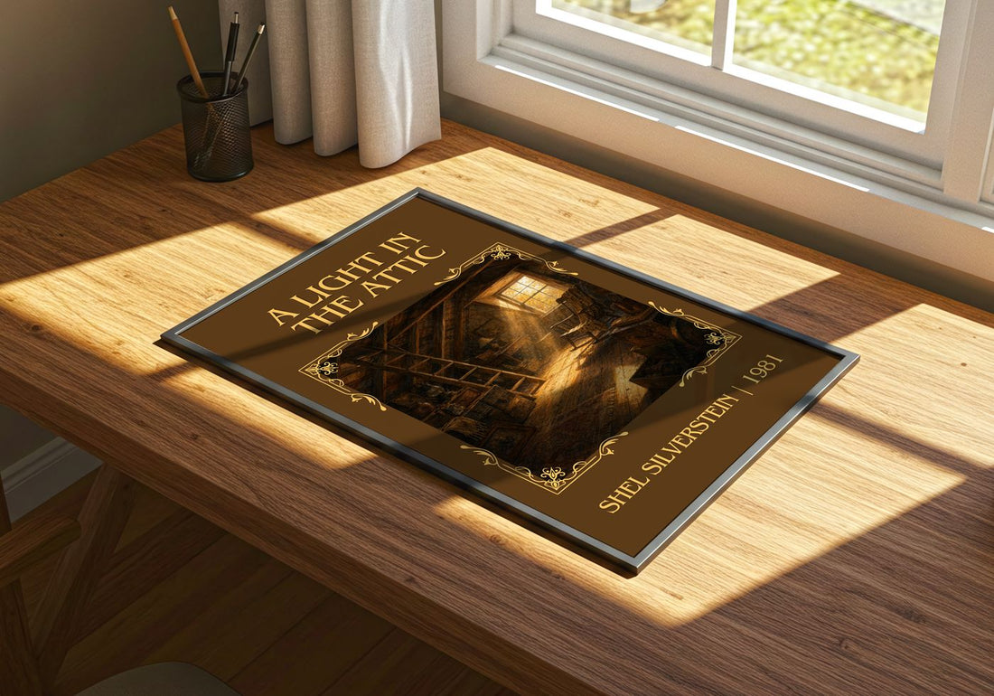 A Light in the Attic Classic Book Art Print by Shel Silverstein – print on a sunlit desk