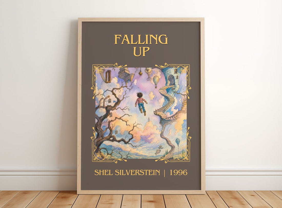 Falling Up Classic Book Art Print by Shel Silverstein – framed print leaning on a wooden floor