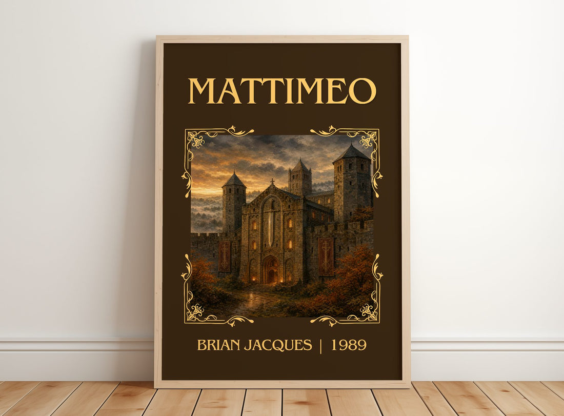 Mattimeo Classic Book Art Print by Brian Jacques – framed print leaning on a wooden floor