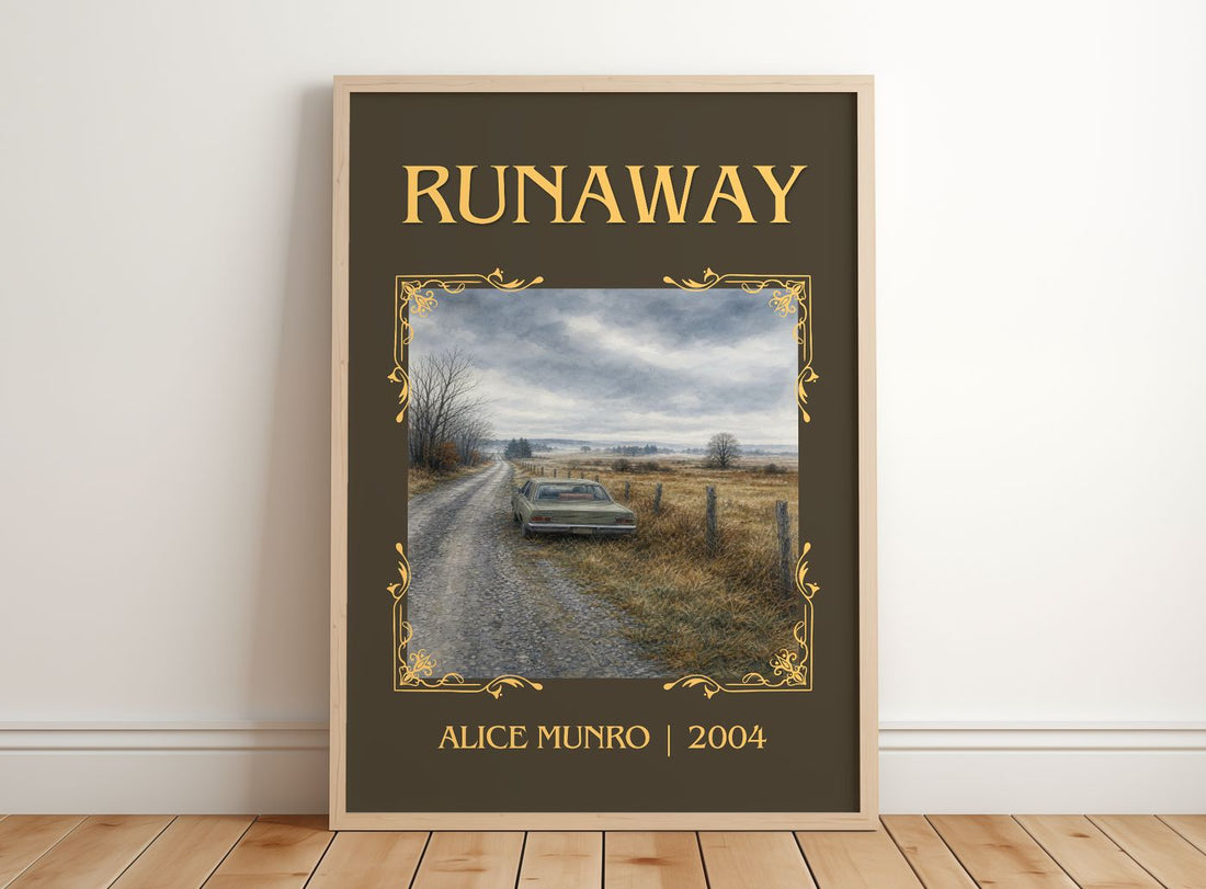 Runaway Classic Book Art Print by Alice Munro – framed print leaning on a wooden floor