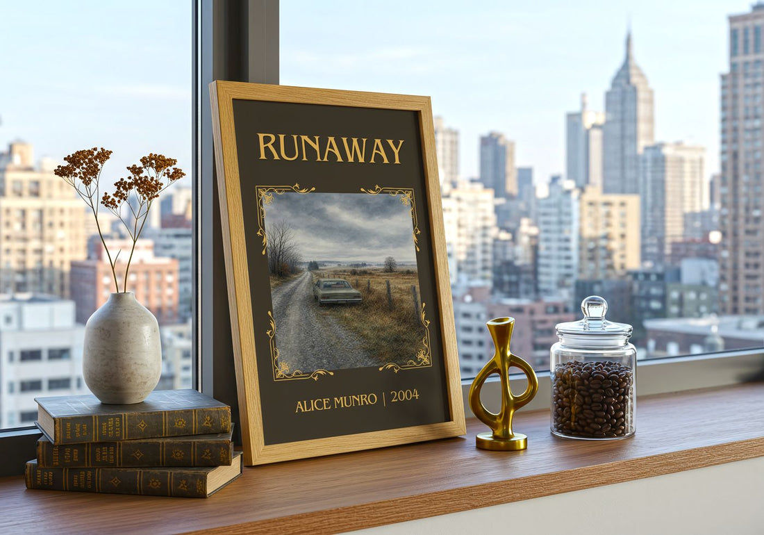 Runaway Classic Book Art Print by Alice Munro – framed print on a city-view windowsill