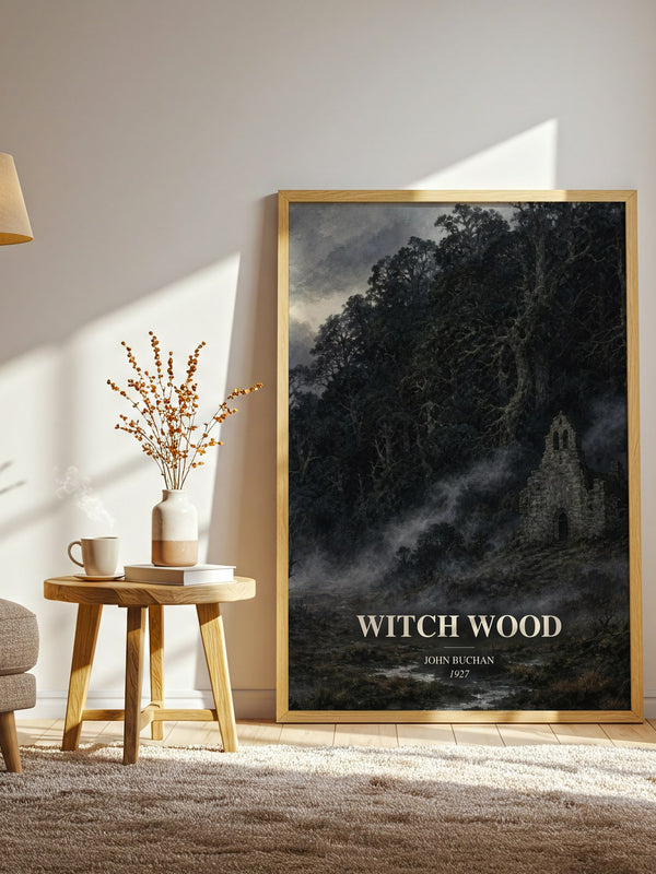 Witch Wood watercolour print in frame leaning in hallway – historical fiction wall art