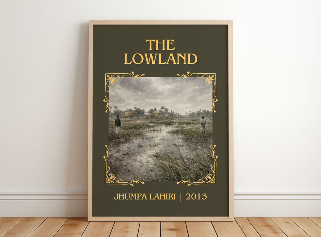 The Lowland Classic Book Art Print by Jhumpa Lahiri – framed print leaning on a wooden floor