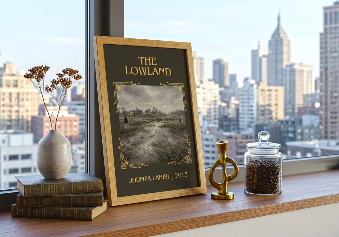 The Lowland Classic Book Art Print by Jhumpa Lahiri – framed print on a city-view windowsill