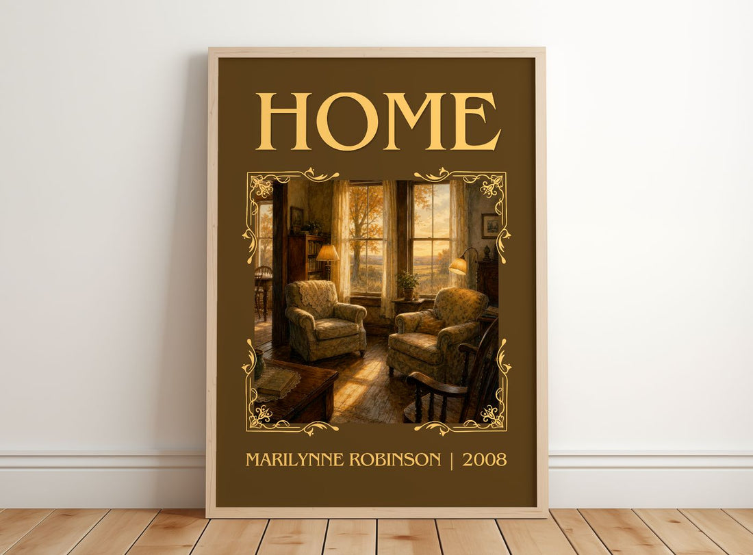 Home Classic Book Art Print by Marilynne Robinson – framed print leaning on a wooden floor