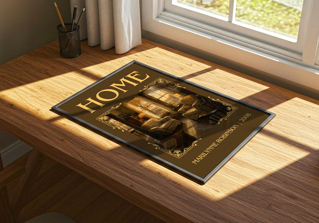 Home Classic Book Art Print by Marilynne Robinson – print on a sunlit desk