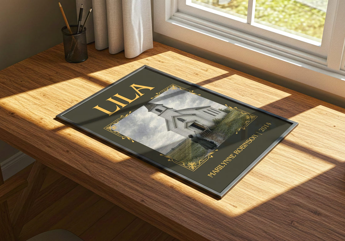 Lila Classic Book Art Print by Marilynne Robinson – print on a sunlit desk