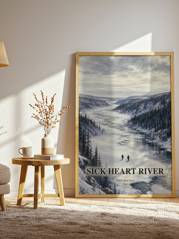Sick Heart River watercolour print in frame leaning in hallway – adventure wall art