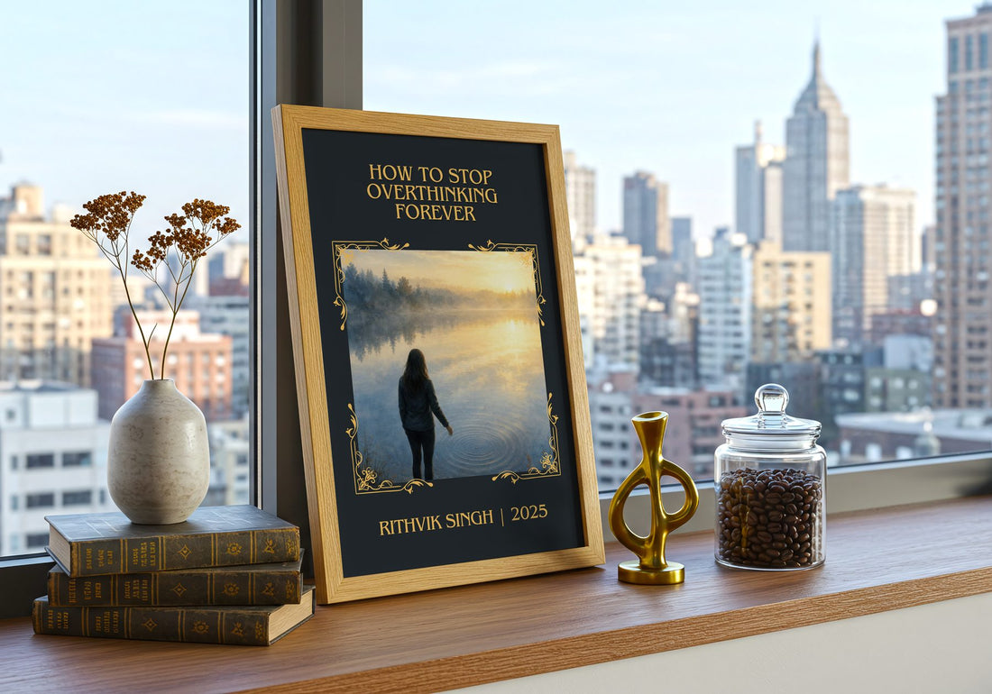 How To Stop Overthinking Forever Classic Book Art Print by R. Singh – framed print on a city-view windowsill