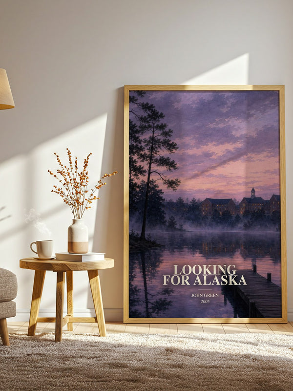 Looking For Alaska watercolour print in frame leaning in hallway – young adult wall art