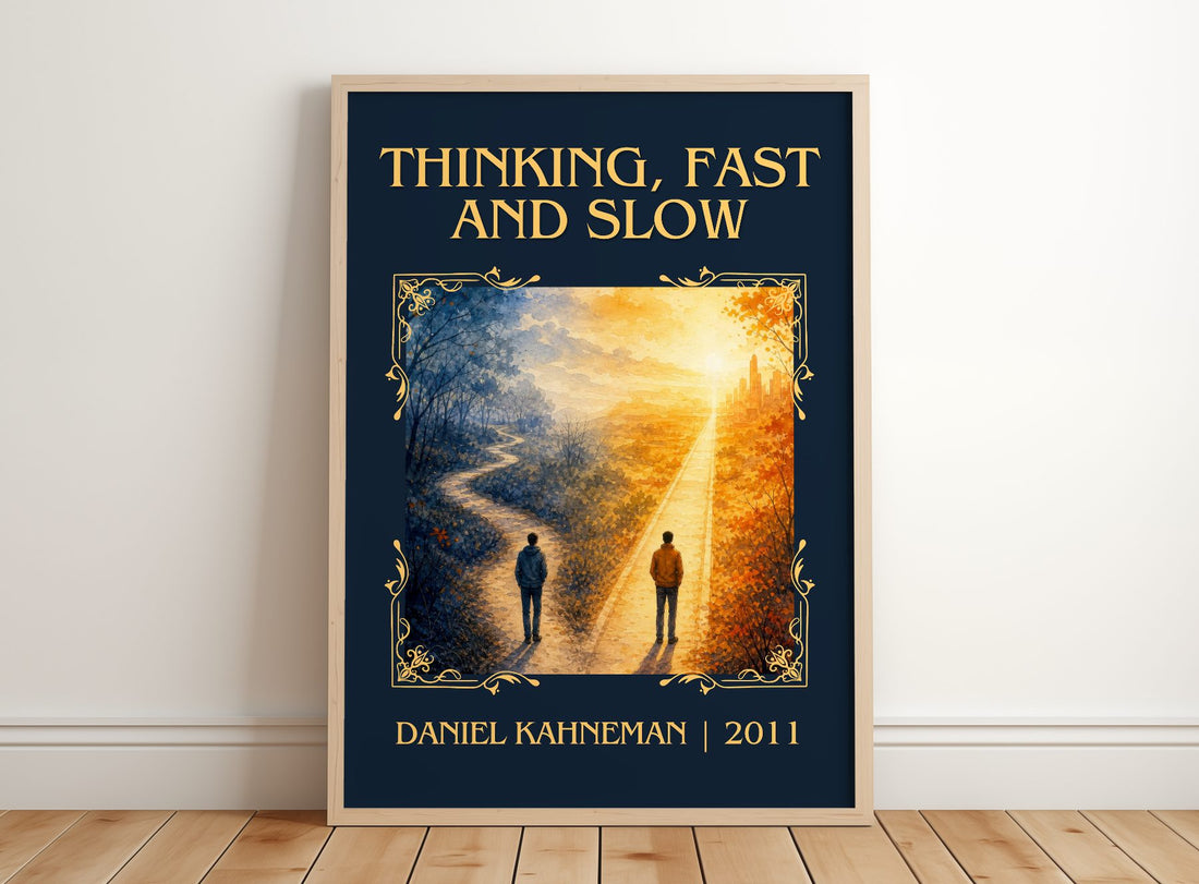Thinking, fast and slow Classic Book Art Print by Daniel Kahneman – framed print leaning on a wooden floor