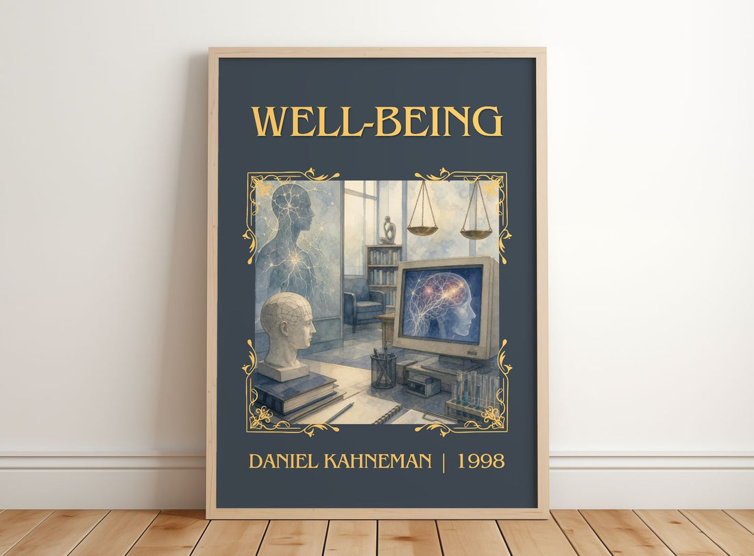 Well-being Classic Book Art Print by Daniel Kahneman – framed print leaning on a wooden floor