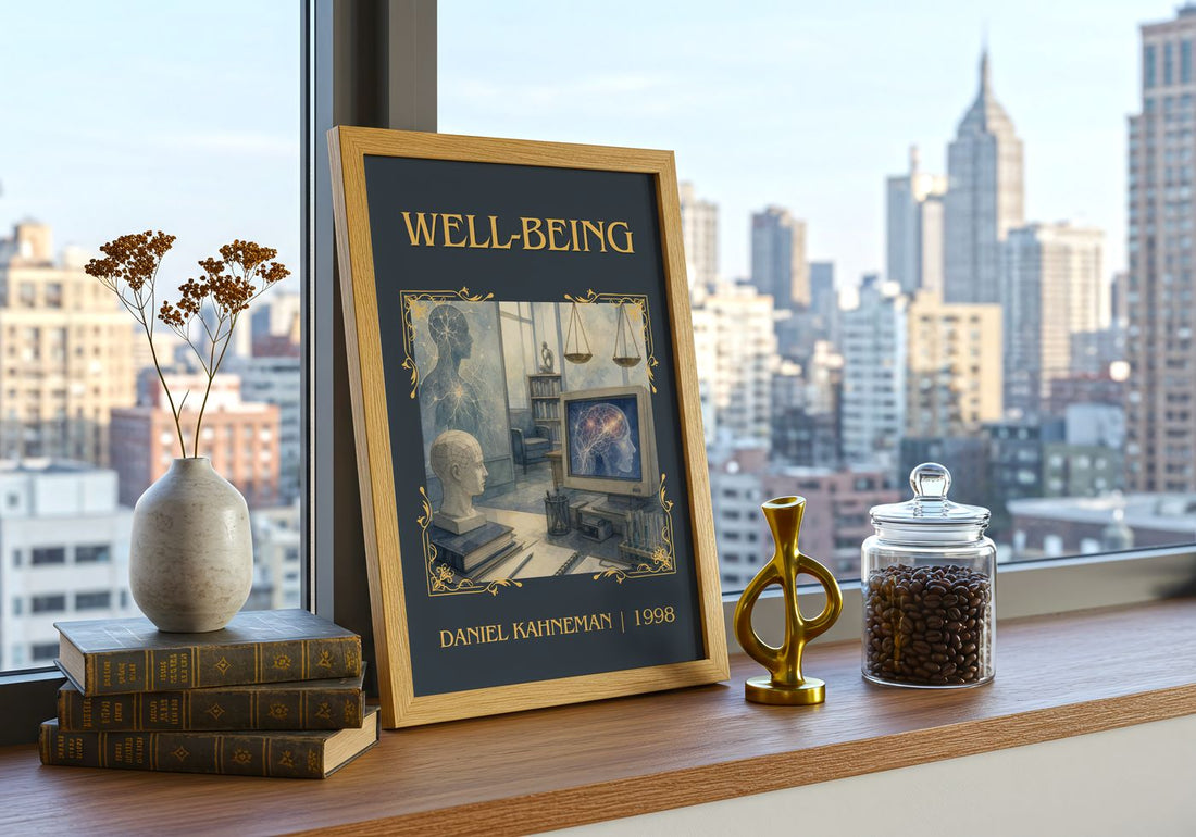 Well-being Classic Book Art Print by Daniel Kahneman – framed print on a city-view windowsill
