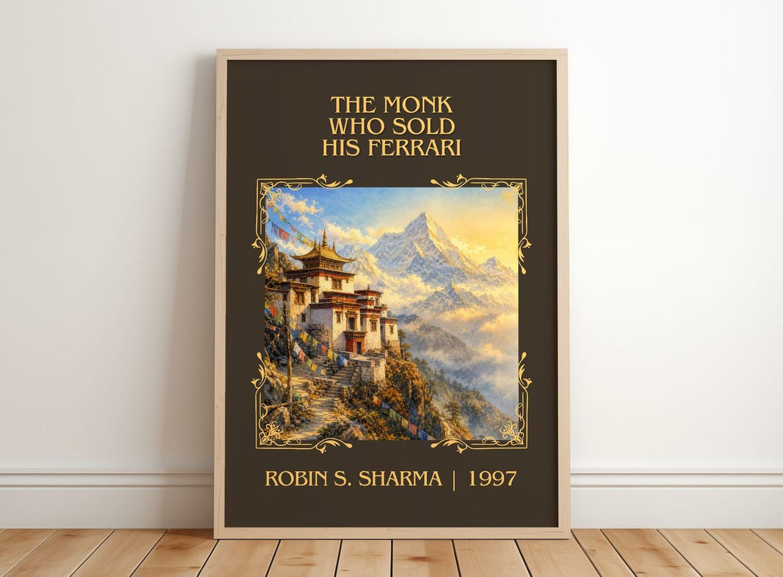 Monk Who Sold His Ferrari Classic Book Art Print by Robin S. Sharma – framed print leaning on a wooden floor