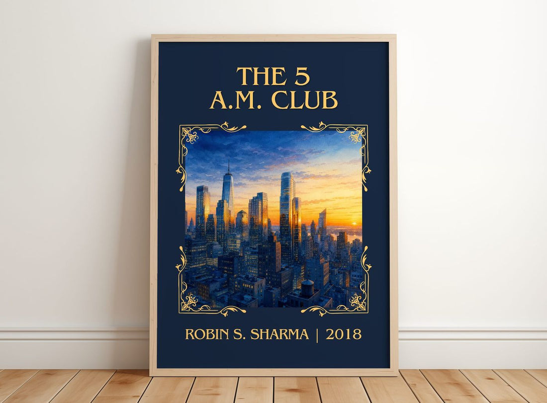 The 5 a.m. Club Classic Book Art Print by Robin S. Sharma – framed print leaning on a wooden floor