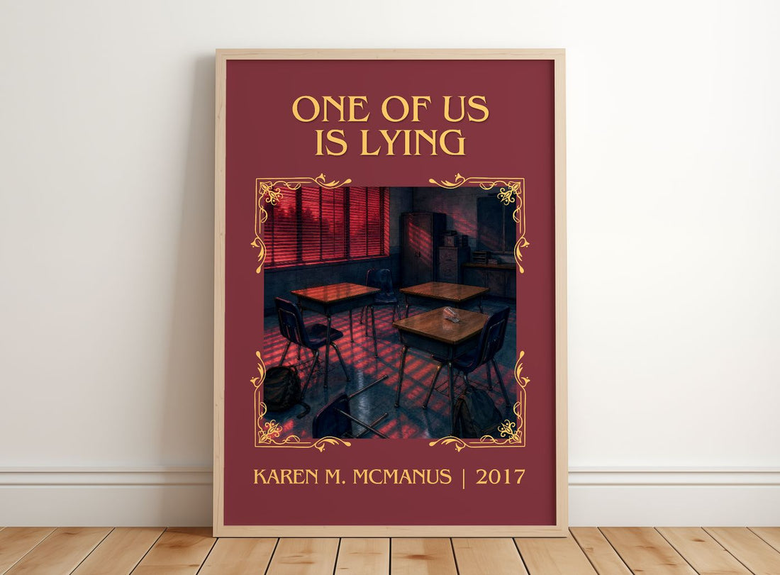 One Of Us Is Lying Classic Book Art Print by Karen M. McManus – framed print leaning on a wooden floor