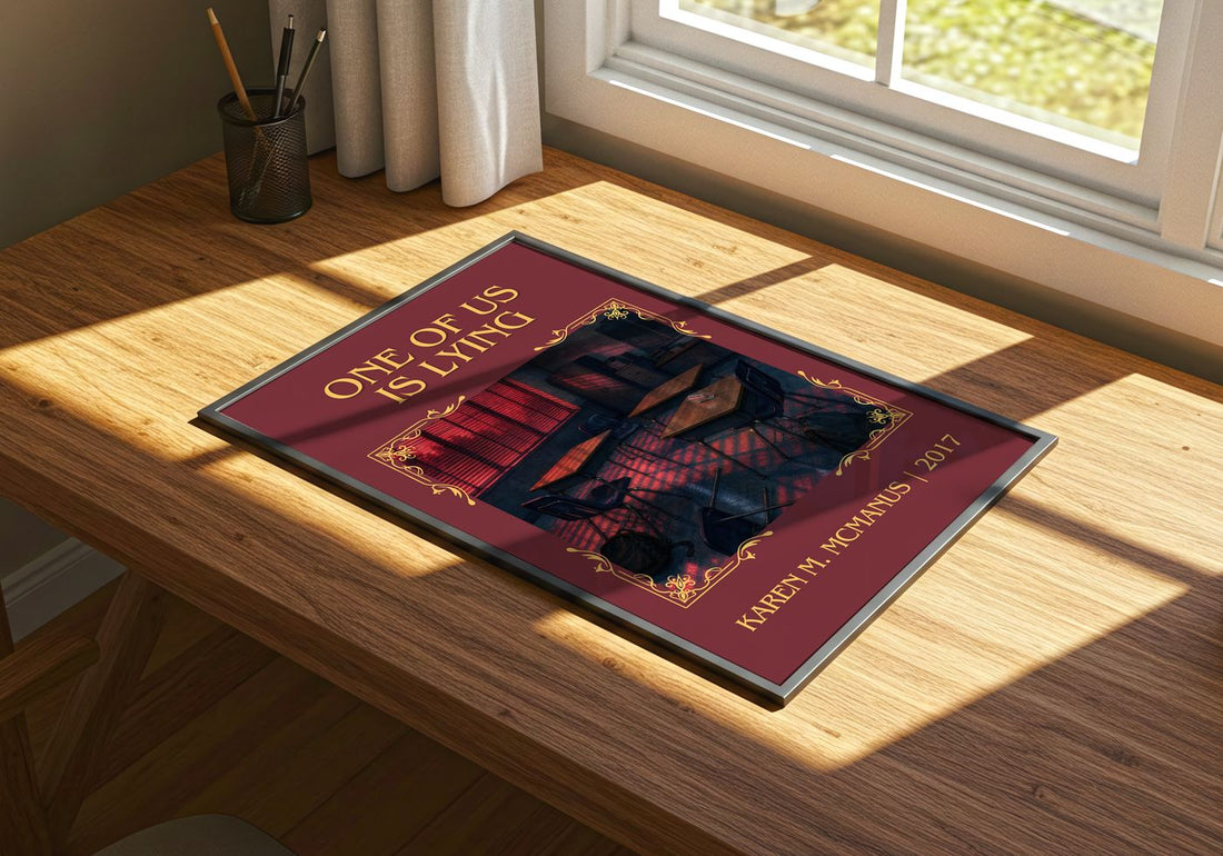 One Of Us Is Lying Classic Book Art Print by Karen M. McManus – print on a sunlit desk