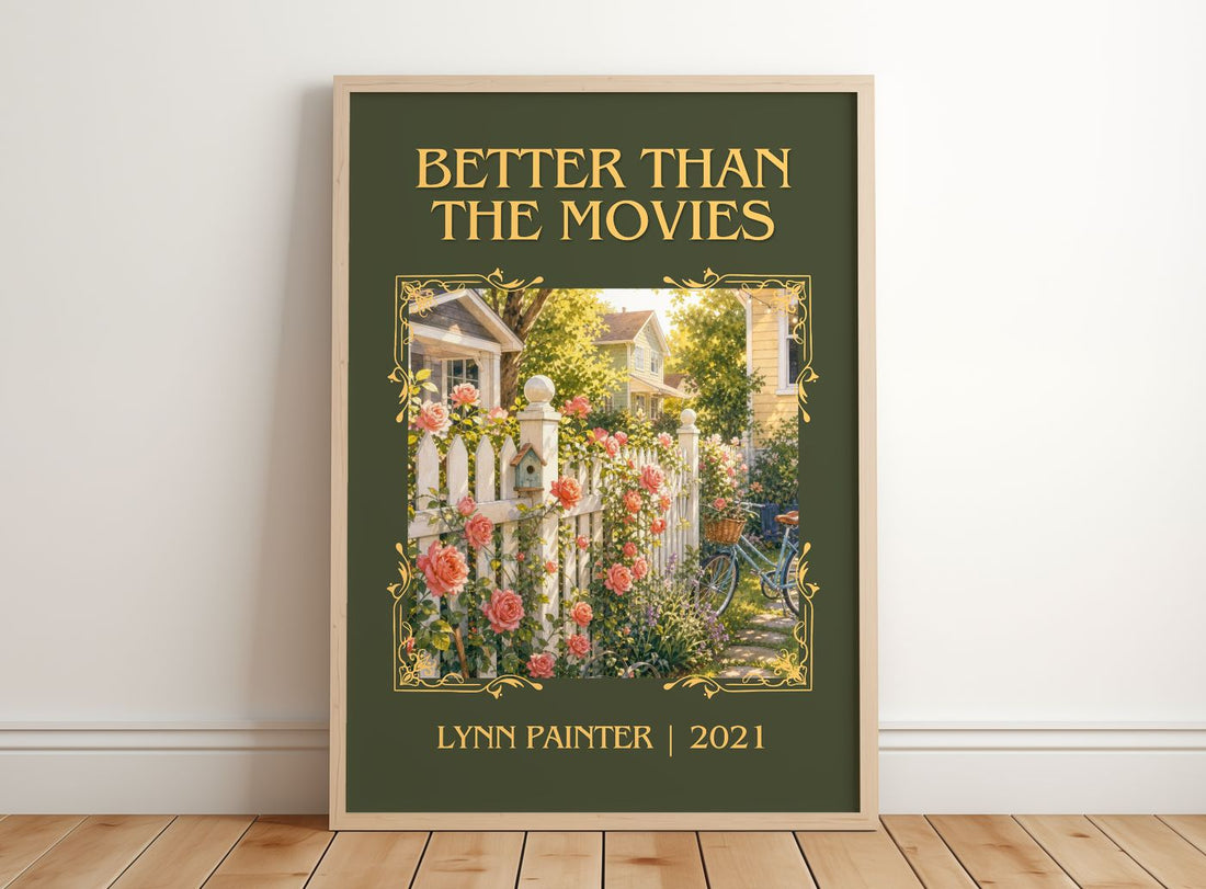Better Than the Movies Classic Book Art Print by Lynn Painter – framed print leaning on a wooden floor