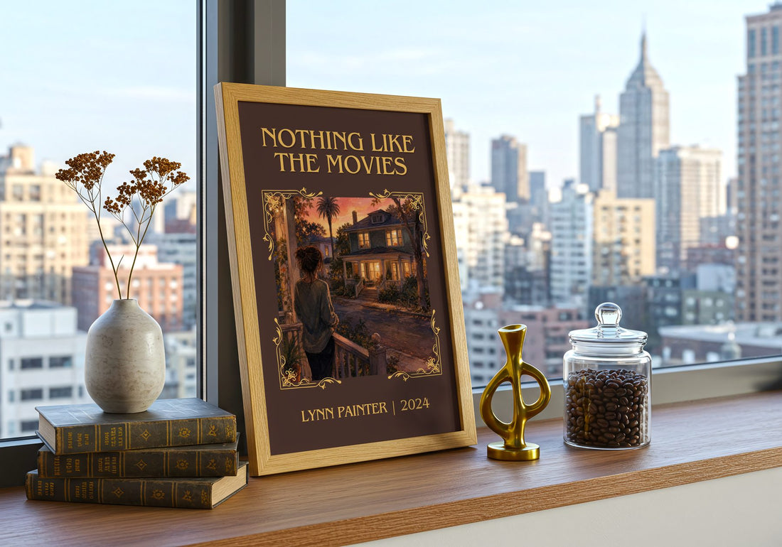 Nothing Like the Movies Classic Book Art Print by Lynn Painter – framed print on a city-view windowsill