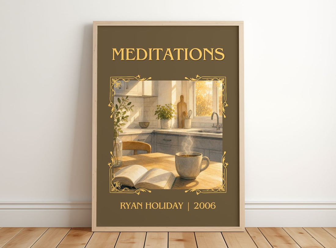 Meditations Classic Book Art Print by Ryan Holiday – framed print leaning on a wooden floor