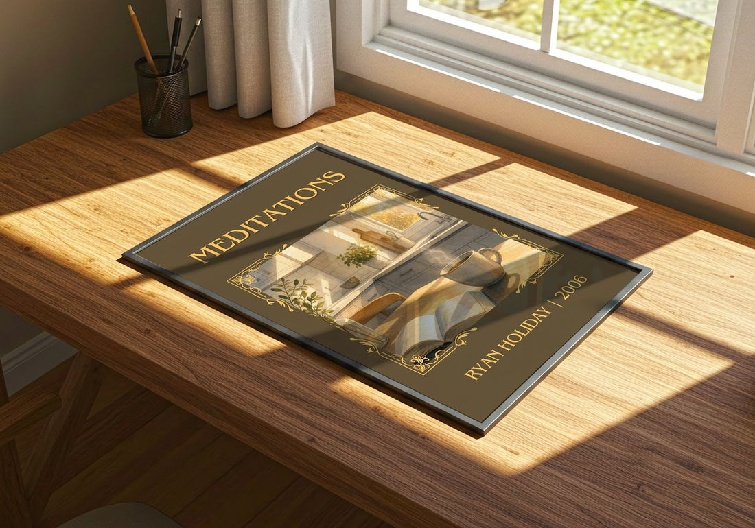 Meditations Classic Book Art Print by Ryan Holiday – print on a sunlit desk