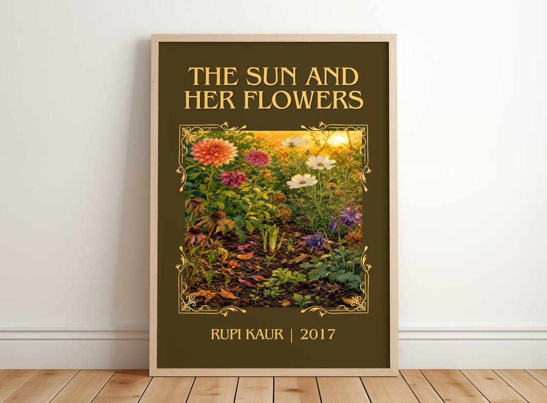the sun and her flowers Classic Book Art Print by Rupi Kaur – framed print leaning on a wooden floor