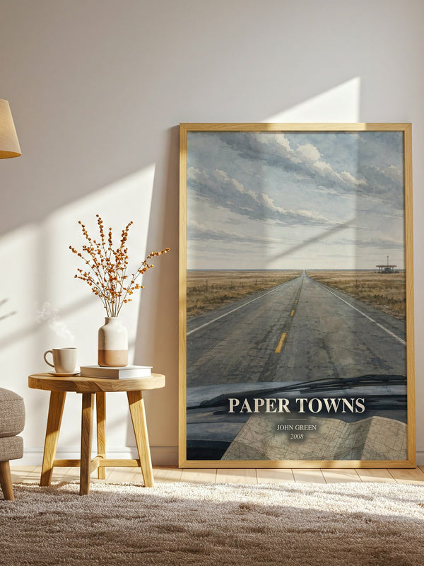 Paper Towns watercolour print in frame leaning in hallway – young adult wall art