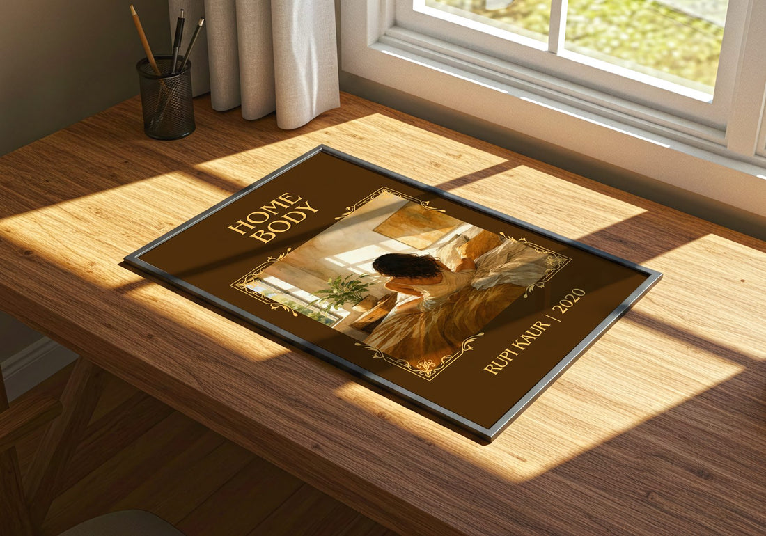 Home Body Classic Book Art Print by Rupi Kaur – print on a sunlit desk